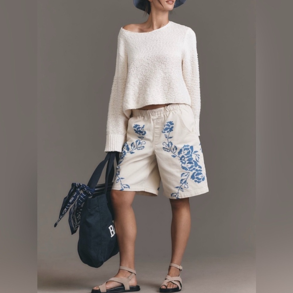 Pilcro Cream and Blue Floral Women's Bermudas